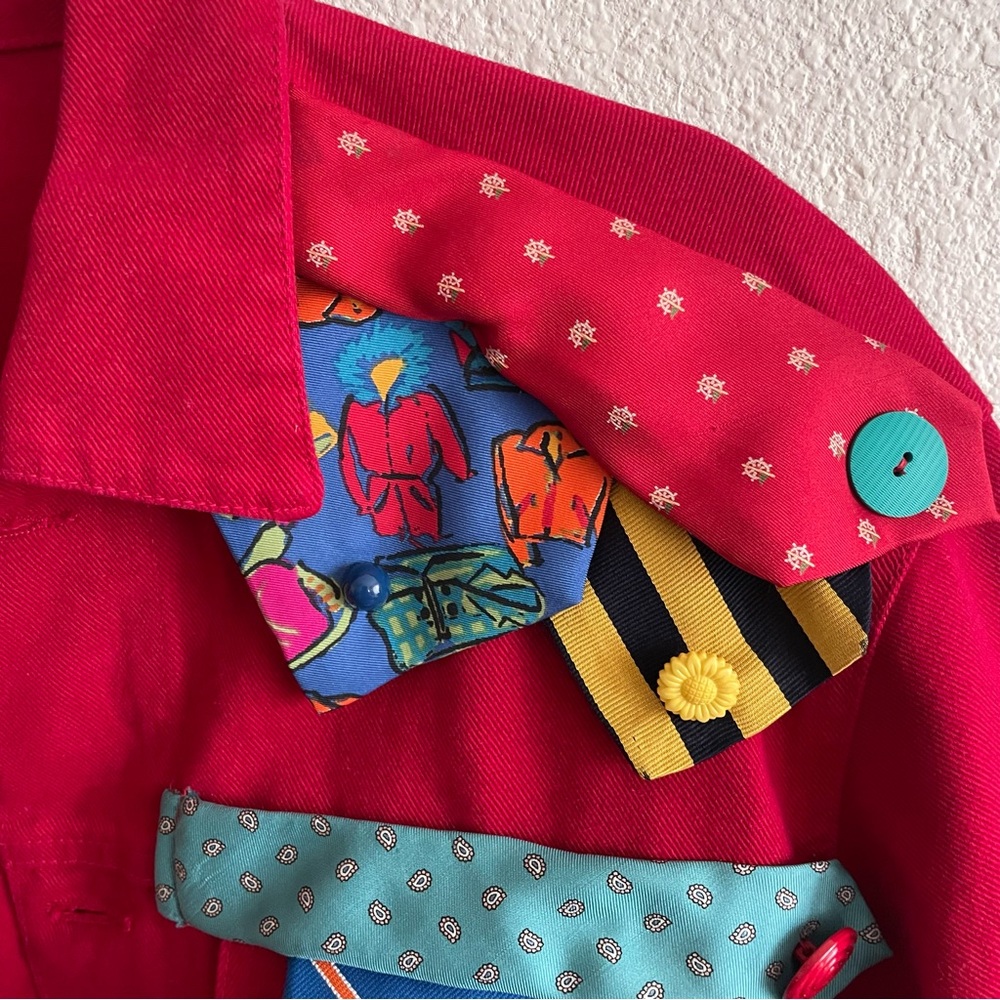 Unique Red Denim Jacket With Ties Patchwork - image 5